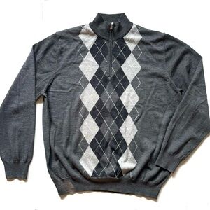 100% Merino Wool Long Sleeve Zip Pullover Sweater Argyle Gray Mens XL NWOT